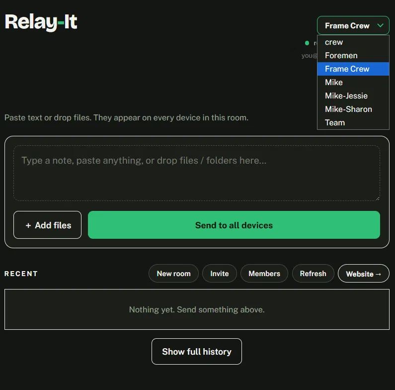 Creating a new room in Relay-It and switching between rooms.